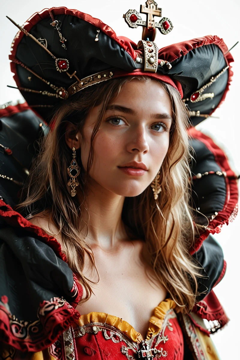 hires digital photo, photorealism, simple white background, face focus, portrait, upper body only,  3m@nn3u3lle, red and yellow strapless dress, red and black detached puffy sleeves, crown, cloak, ruff <lora:EmmanuelleVonLiebwitzV3PonyXL:0.8>, PonyXL_Scores, intricate details, high resolution,