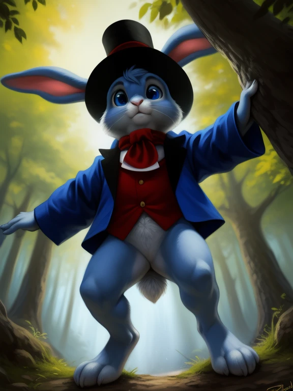 <lora:ArtfulDodgerBunYif:0.8>  ArtfulDodgerBun, bunny, (white sclera, Blue eyes, light blue fur, hat top hat, red shirt, blue jacket, blue scarf,)( chibi, small body,)
Looks at the viewer, [ solo, nature, forest, day, clouds, waterfall, nude, naced,]   ( worm's-eye view, looking down,  ass,   standing , looking down at viewer, low-angle view, )
beautiful, aesthetic, perfect, delicate, intricate, saturated colors, masterpiece, digital drawing, best quality,  
by Personalami, by Honovy, by Thebigslick, by Taran Fiddler