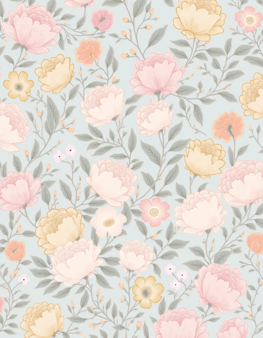 The image is a digital illustration featuring a detailed, intricate botanical pattern, reminiscent of a vintage wallpaper or fabric design. The background is a soft, pale blue color, providing a serene and elegant base for the elaborate floral and leaf motifs. The pattern is dense and symmetrical, covering the entire surface.
The design features an abundance of flowers, leaves, and tendrils in various shapes and sizes. Predominant flower shapes include large, stylized flowers in shades of soft pink, yellow, and white, interspersed with smaller, simpler flowers in various colors. The flowers have intricate, layered petals that give them a three-dimensional appearance.
Central to the design are large, stylized flowers with delicate, curved petals, some of which are depicted in various stages of bloom, adding depth to the pattern.  <lora:MorrisCo:1> <lora:AS_v2:1>