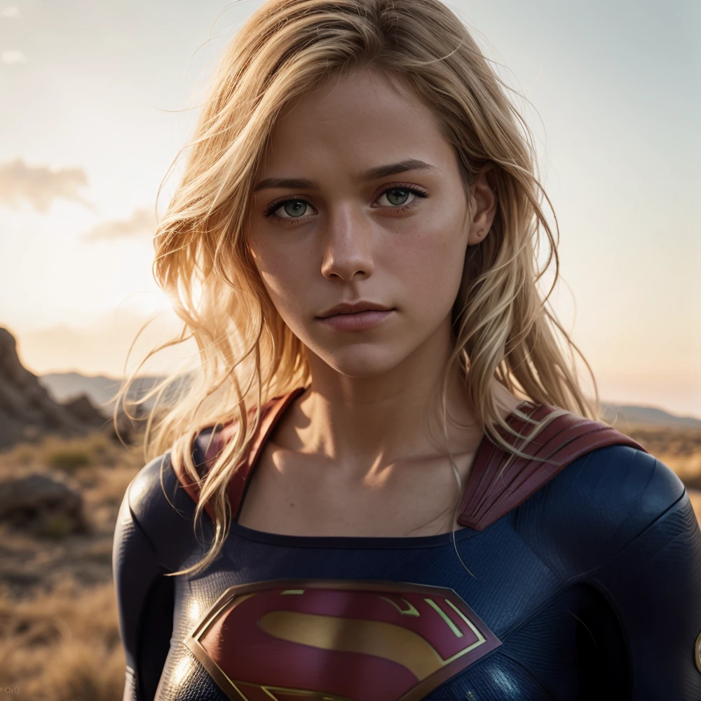 (Raw, Analog portrait photo of Kara Zor El), sci-fi superhero style, detailed face, teen, long hair, (light blonde hair:1.2), heroic, ultra realist colors, very intricate details, focus, full frame image, award winning, highly detail eyes, hd, 16k, natural illumination, real hair movement, (best quality:1.4), (Supergirl, wearing Supergirl-suit, cape), outdoor, realistic, sharp focus, hdr, sunset, god rays, backlight, professional photo shot with Hasselblad 501c, lighting, Photorealism, cinematic light