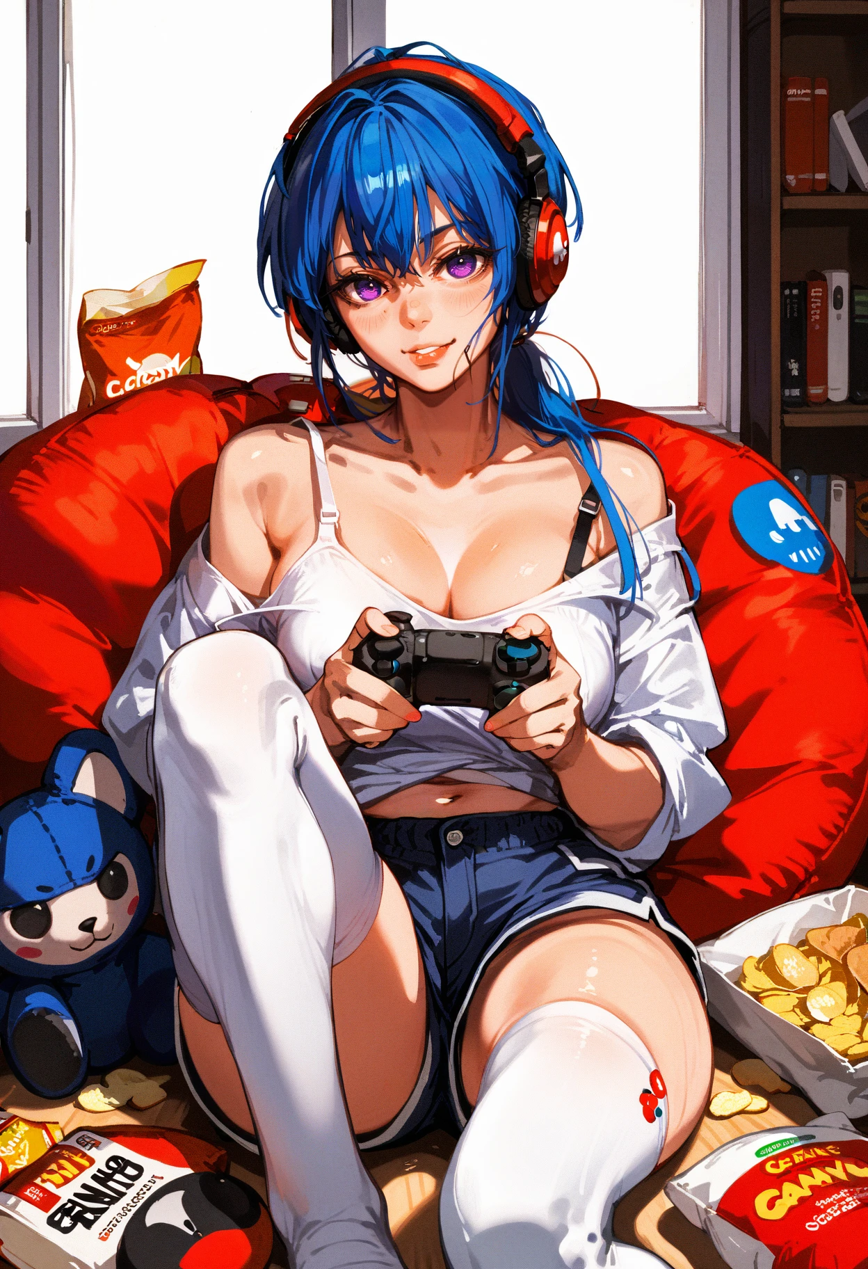 score_9, score_8_up, score_7_up score_9, score_8_up, score_7_up, score_6_up, score_5_up, score_4_up,
<lora:GrungeV12:1> grung3,
1girl, controller, game controller, food, thighhighs, gamepad, long hair, chips (food), solo, playstation controller, shorts, indoors, blue hair, game console, potato chips, book, cup, looking at viewer, holding, ponytail, headphones, off shoulder, bean bag chair, strap slip, breasts, window, white thighhighs, sitting, purple eyes, holding controller, open clothes, stuffed toy, stuffed animal, knee up