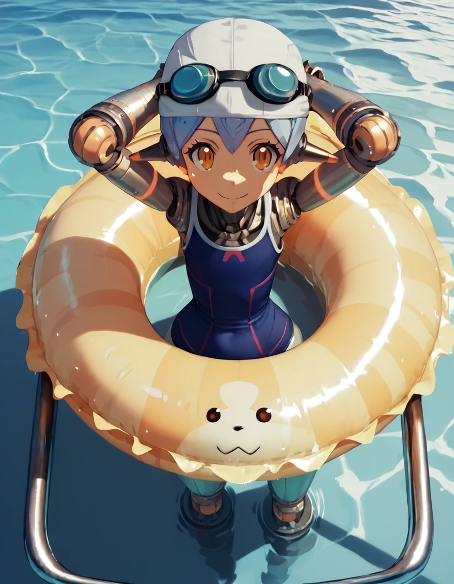 score_9, score_8_up, score_7_up, score_6_up, poppi, school swimsuit, swimcap, goggles, 
broad smile,  hands behind head, innertube, robot joints, 
viewed from above, partially submerged, looking up at viewer, 
pool, pool ladder, 
 <lora:poppi_alpha_xenoblade_2-000010:1>