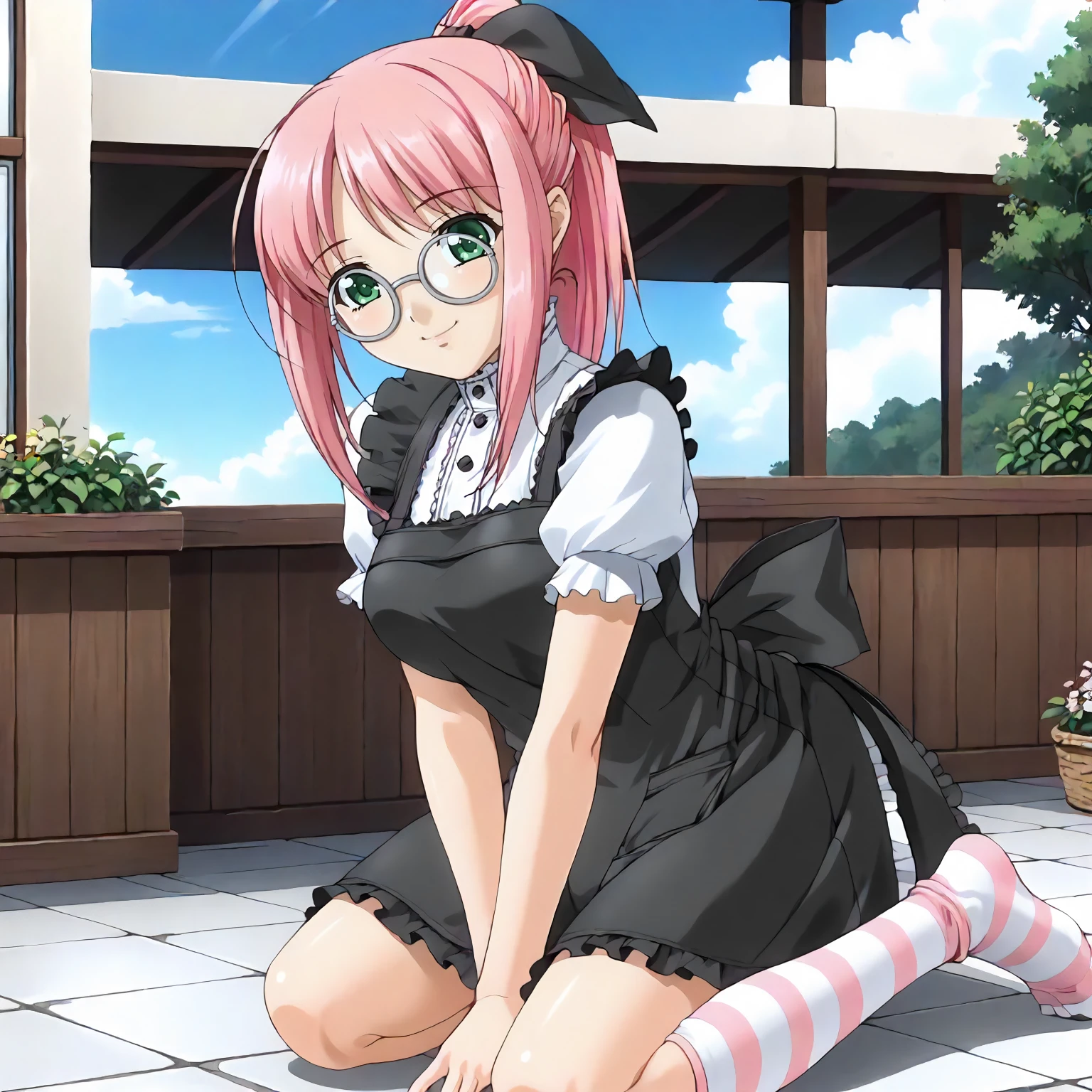 <lora:AtB_LurisHanamaruXLpony001>,
outdoors,
smile,
solo,
LurisHanamaru,1girl,pink hair,ponytail,hairbow,green eyes,eyewear,
apron dress,black apron,short_sleeves,
black skirt,
pink striped socks,
kneeling,