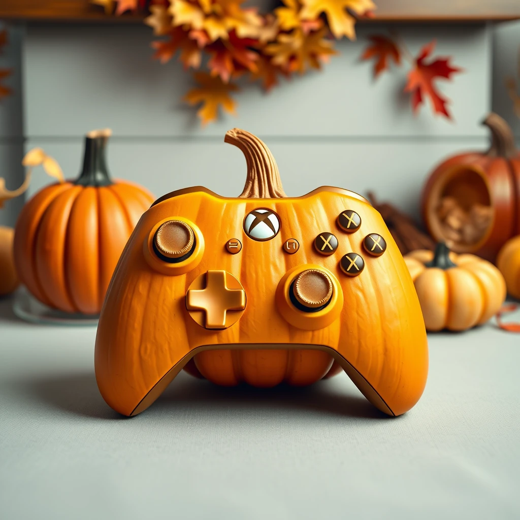 front view on a pampmpkn xbox controller made out of pumpkin with autumn decoration in the background, cozy feeling