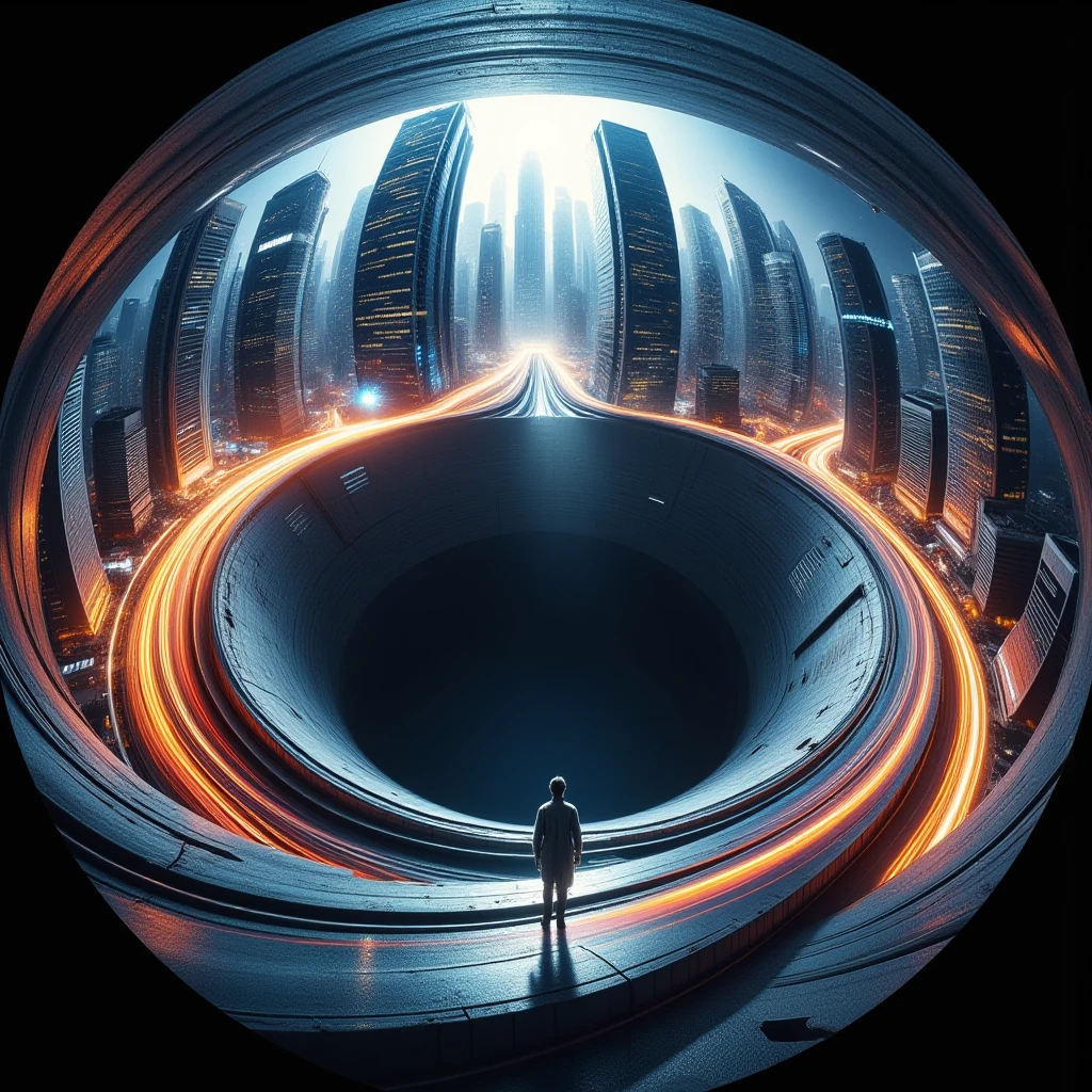 professional 3d model  A futuristic 3D cityscape viewed through a fisheye lens, with tall skyscrapers curving inward around a central void. In the foreground, a solitary man is walking along the curved edge of the city, giving the impression that he is walking along the rim of this surreal, spherical world. The man is dressed in a simple outfit, perhaps a long coat or modern attire, and his figure is small compared to the massive buildings towering around him. His silhouette is illuminated by the glowing city lights as he walks, casting long shadows along the curved surface.The city itself is alive with activity, streaks of light from vehicles, and illuminated windows, adding energy to the otherwise quiet moment of the man walking alone. The curvature of the city, along with the fisheye lens effect, makes it look as though the man is walking on a path that bends infinitely around the circular city, reinforcing the surreal, dreamlike atmosphere.The dark void in the center contrasts with the bustling city, giving the image a sense of endlessness or even mystery, while the manâs presence adds a human element to this futuristic, larger-than-life urban scene.
 . octane render, highly detailed, volumetric, dramatic lighting