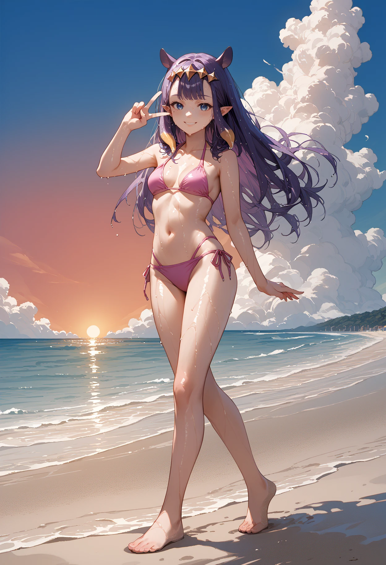 source_anime, score_9, score_8_up, score_7_up,
beach, horizon, sunset, cloud, 
full body, smile, hand up, v,
<lora:ninomae_inanis_pony_v1ep08a03:1>
inaAlt, purple hair, tentacle hair, headpiece, pointy ears, blue eyes, mole under eye,
pink bikini, wet