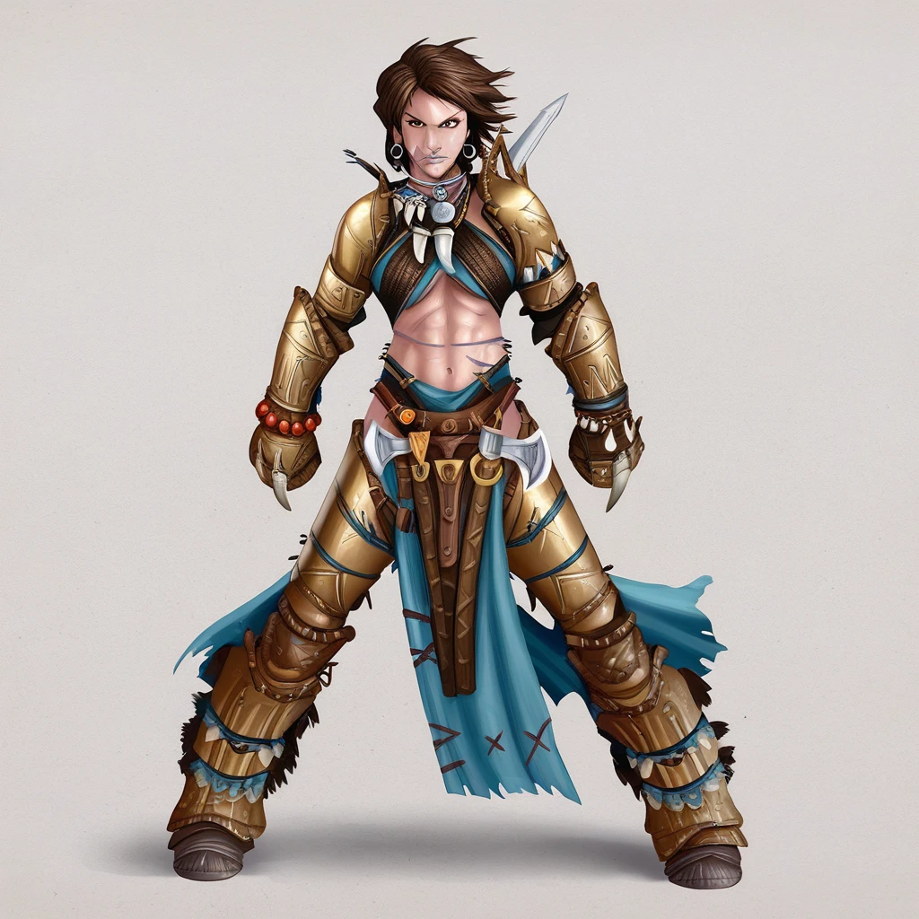 AmiriPathfinder,1girl,solo,armor,sword,brown hair,jewelry,midriff,navel,abs,earrings,shoulder armor,scars,pauldrons,large breast,muscular female,tattoos,underboob,belt,brown eyes,necklace,boots,gloves,short hair,lips,facial tattoo,beads,bracelets,greaves,pelvic curtain,legs armor,bracer,leather bracers,leather armlet,leather armor,sheath,