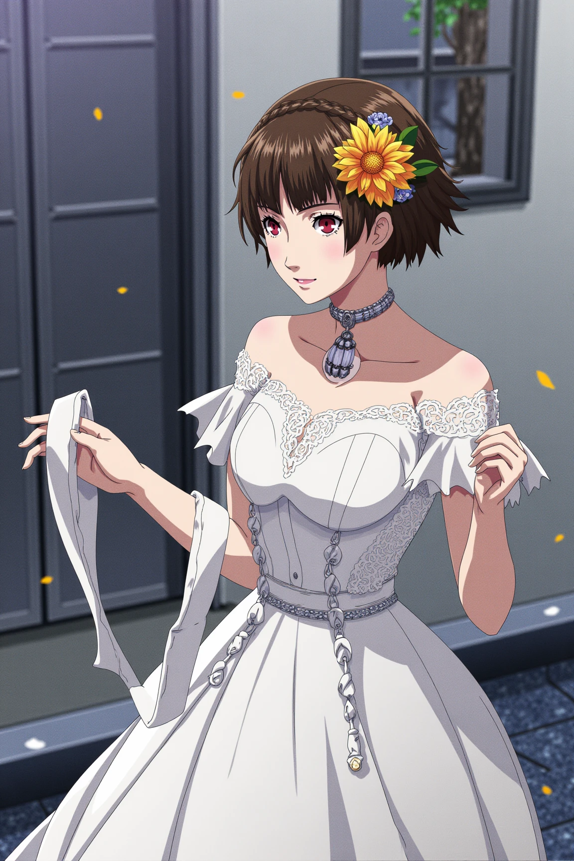 <lora:persona5_niijima_makoto_flux_v2_2-000011:1>
niijima_makoto in an elegant, off-the-shoulder white dress that has delicate ruffled sleeves and a fitted bodice adorned with lace and intricate details. Her hair is short, styled simply but adorned with a floral hairpiece composed of a large vibrant flower on the side. The dress suggests a bridal theme, with a flared skirt and a delicate belt at the waist. Around her neck, she wears a choker-style necklace. She is standing outdoors all solo, surrounded by falling petals, creating a romantic and serene atmosphere. The expression on her face is soft, with a gentle smile, conveying calmness and grace. Cowboy shot.
Anime style, sharp, high contrast and highly detailed.