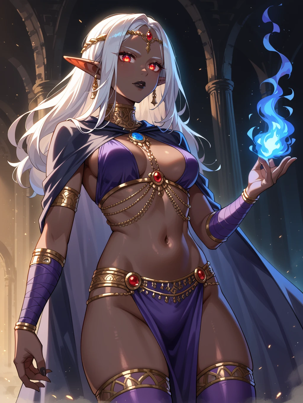 Beautiful Alluring female drow knight, she is wearing an ornated horned crown, Mythology Theme, Fantasy Theme, purple Skin, fair long white hair, red eyes, a cup size extremely small breasts, Inside A magical dark bioluminescent mushroom forest, Barely Clothed, gothic spiked bikini armor, Beautiful D&D Character Portrait, Beautiful Fantasy, Detailed, Digital Art, Extreme Detail, Polished, Beautiful, Hyperdetailed, Intricate, Elaborate, Meticulous, Anime Character, Detailed, Anime Face, Sharp Focus, Unreal Engine, 3d Rendered, Volumetric Lighting, Reflections, Glossy, Digital Illustration, Sensual Pose, Suggestive Pose, Full Body Shot, small perky breasts, anatomically correct 💖❤💕💋❣