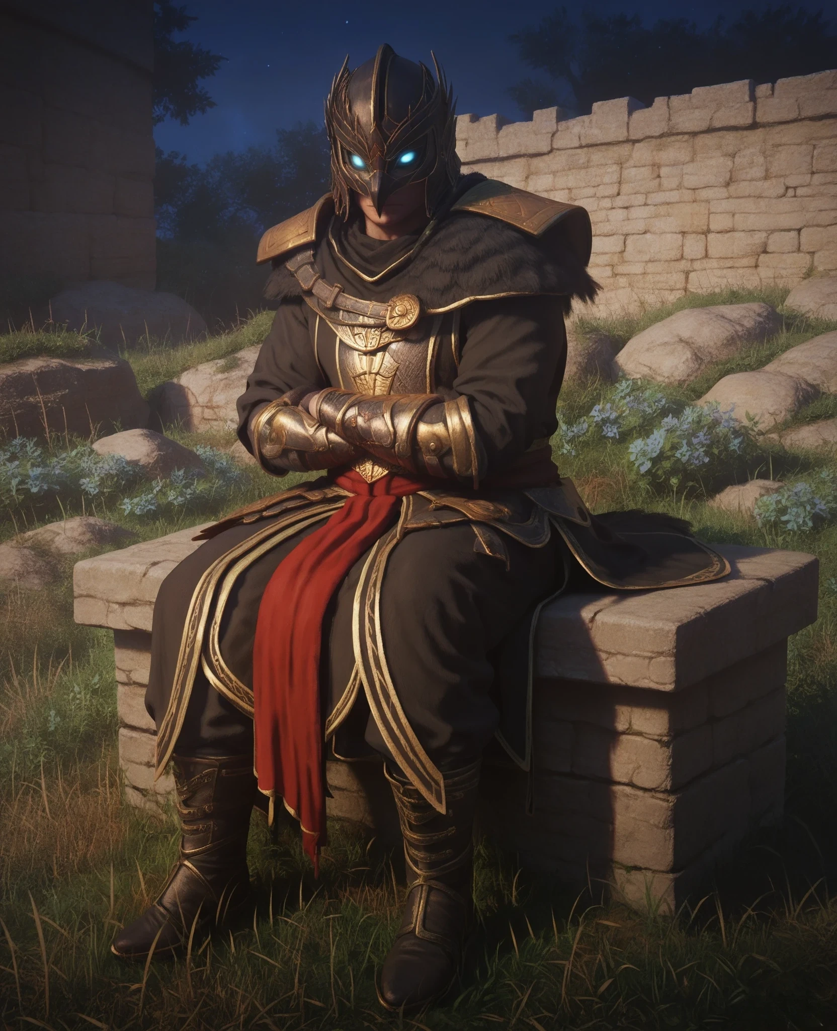 Bl4ckR4ven4rmor, armor, black robe, bracers, boots, red waist curtain, fur shoulder armor, helmet, score_9, score_8_up, score_7_up, score_6_up, score_5_up, (((sitting with arms crossed))), outdoors, glowing eyes, solo, (night:1.5 )