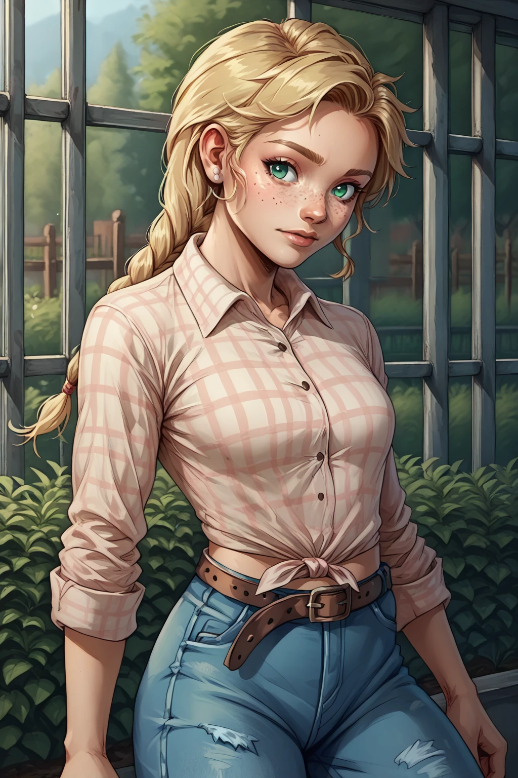 score_9, score_8_up,  <lora:NSEmilyPortia:1> NSEmilyPortia, green eyes, blonde hair, single braid, long hair, white earrings, stud earrings, freckles, plaid shirt, white collared shirt, pink pattern, jeans, torn jeans, brown belt, tied shirt, midriff