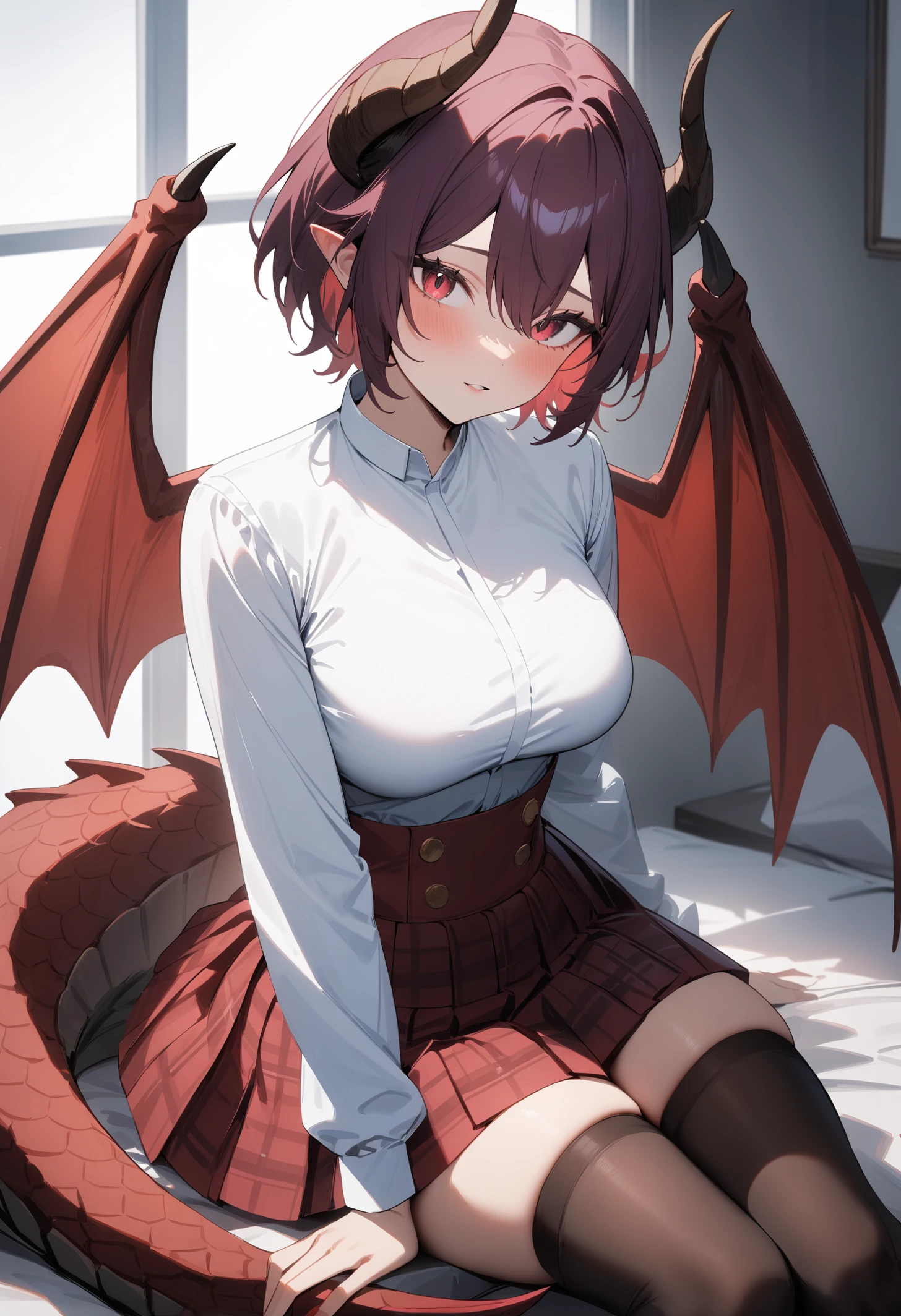 masterpiece, best quality, great quality, good quality, very aesthetic, aesthetic, newest, recent, 1girl, short hair, solo, grea, dragon tail, white shirt, high-waist, red plaid skirt, pleated skirt, black thighhighs, sitting, facing viewer, looking at viewer,  <lora:Grea_v3_TOFU:1>