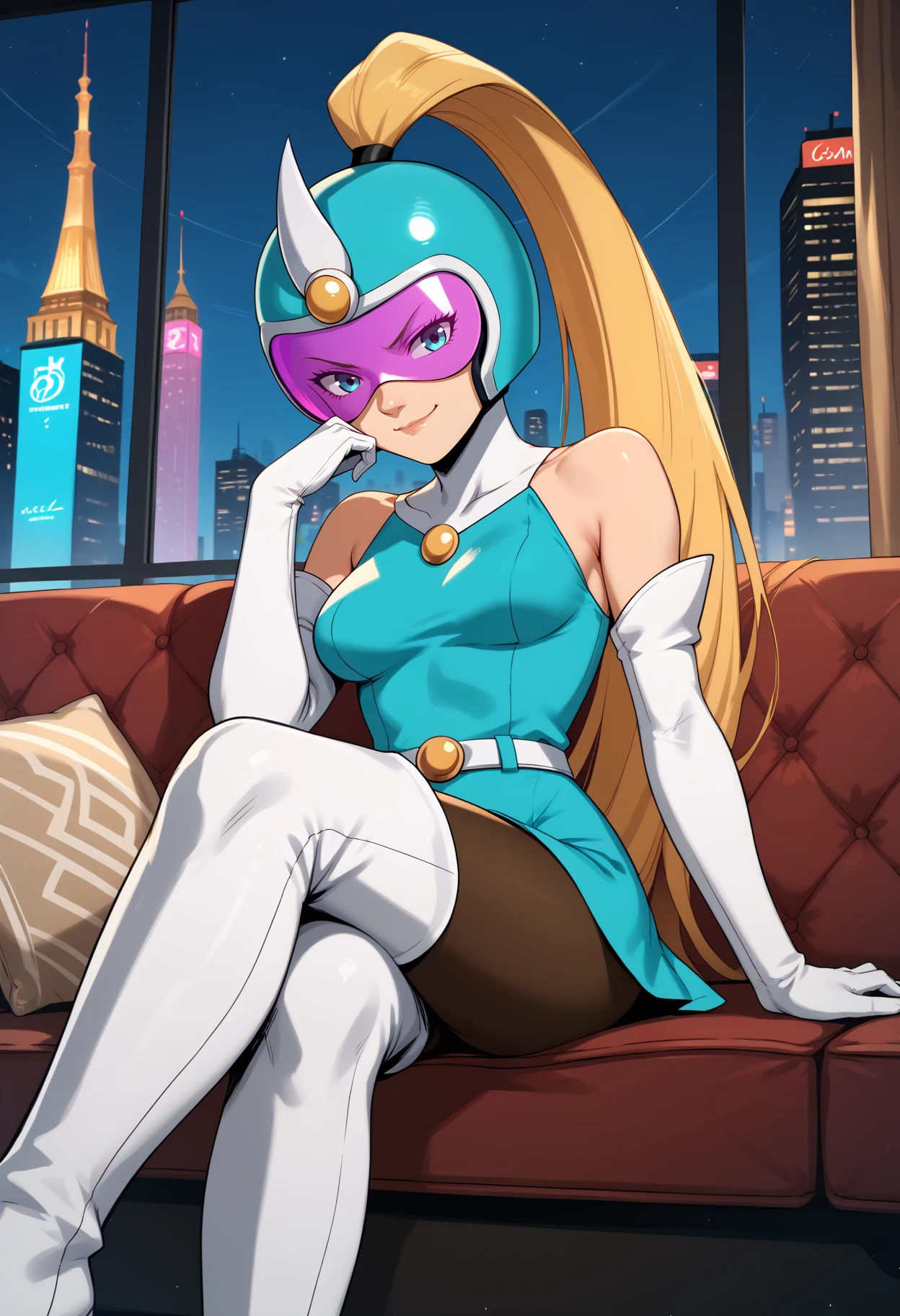 score_9, score_8_up, score_7_up, source_anime, 1girl, sitting, crossed legs, smirk, <lora:SilviaVJ-pdxl:1> silvia, ponytail, blonde hair, very long hair, helmet, cyan dress, cyan leotard, bare shoulders, medium breasts, white gloves, elbow gloves, white belt, pantyhose, thigh boots, white footwear, high heel boots, couch, window, city, night