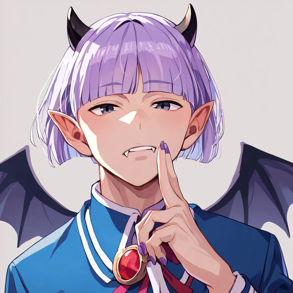 (masterpiece), score_9, score_8_up, score_7_up, score_6_up, score_5_up, score_4_up, source_anime, 1boy, solo, Purson Soi, purple hair, horns, wings, fangs, pointy ears, purple nails, blue school uniform, looking at viewer, expressionless