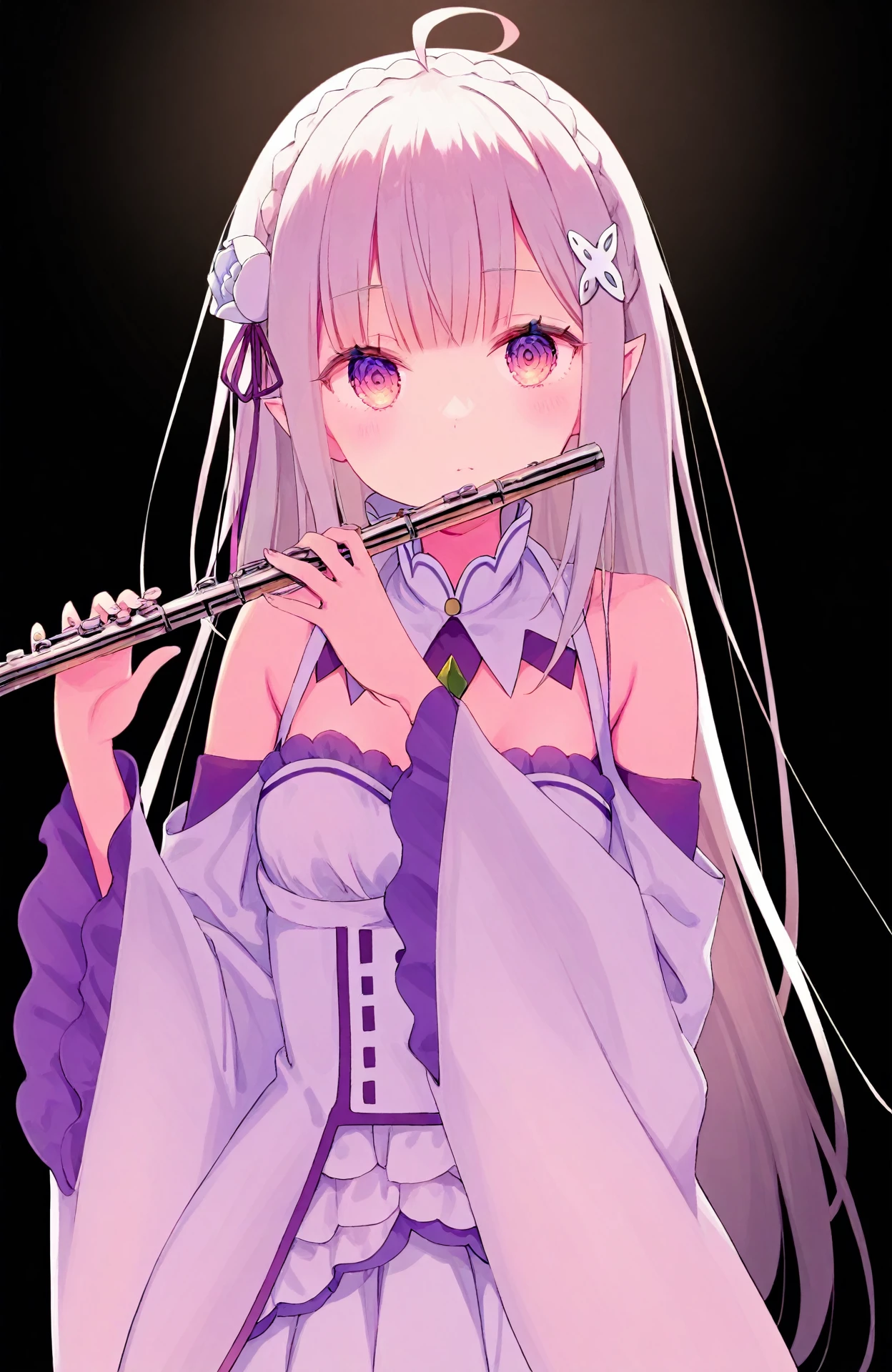 1girl,solo,kuse \(0201\),cream \(nipakupa\),hiten \(hitenkei\),rurudo,weri,toosaka asagi,
emilia \(re:zero\),white hair,playing instrument,<lora:instrumentsXL:1>,flute,, masterpiece, newest, absurdres,safe