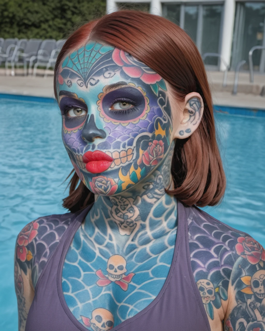 a woman with sugarskullfacetattoo at the public pool <lora:sugarskullfacetattoo_SDXL:1> wearing  a bikini