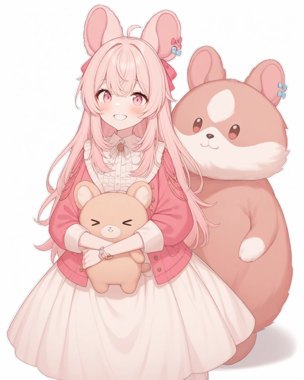 pipchilla, animal ears, pink hair, pink eyes, (solo:1.1),
long dress, full body, hugging a plushie, big smile, 
<lora:PIPCHILLA-XL-t1:0.6>,, masterpiece, best quality, very aesthetic, absurdres, shading, ambient occlusion,