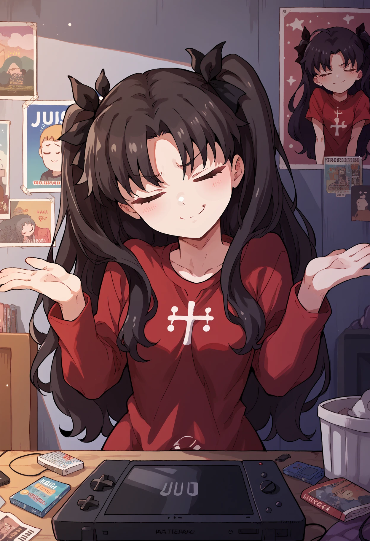 score_9, score_8_up,score_7_up, source_anime, 1girl, solo, shrugging, hands up, w arms, head tilt,  
doyagao, proud, happy, smug, ^ ^,  v-shaped eyebrows, = =, closed eyes,
black_hair, tohsaka_rin,
messy room, posters, game console, old apartment, dark room, junk, trash,
<lora:shrg_pdxl_EliPot:1>