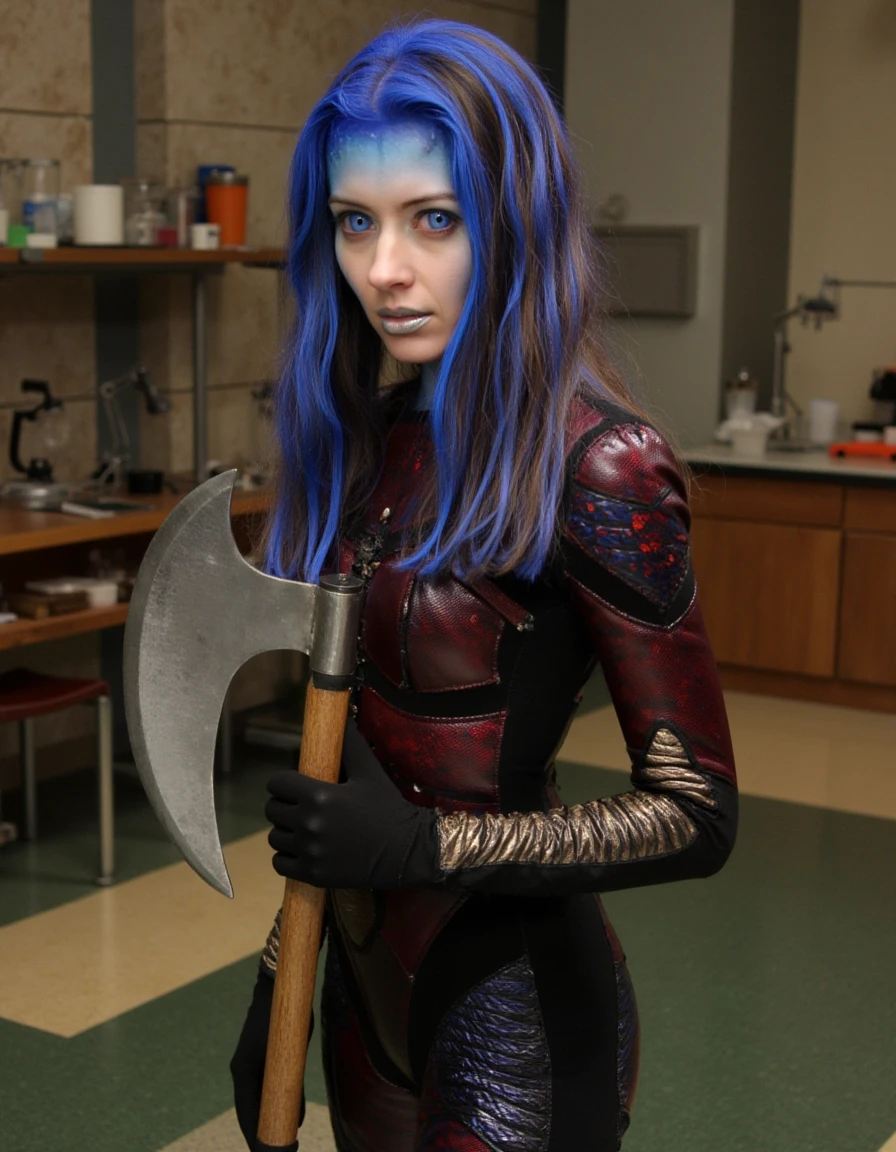 <lora:Illyria_Flux:1> with a gradient effect that transitions from dark blue at the roots to a lighter, intense expression on her face, looking almost like a flowing river of indigo. The woman's face is slightly illuminated, shoulder-length hair dyed a vibrant blue with a slight wave, metallic battle axe with a silver head and a wooden handle., characterized by a cluttered workbench filled with various scientific equipment and containers.   The woman, stone columns and the wooden benches in the background. The floor has alternating green and beige tiles. Behind her, The image is a photograph of a woman standing against a textured, The image is a photograph of a person with striking, and she looks directly at the camera with a serious expression., battle-ready look.   In her hands, otherworldly appearance. Her eyes are a stark contrast to her otherwise natural skin tone.   Her lips are painted a metallic silver, geometric patterns and a high-tech, electric blue, and they have a pale complexion, with a slight wave to it, with the blue color extending down to her shoulders.  Her costume is a complex, The image is a photograph of a woman with a striking