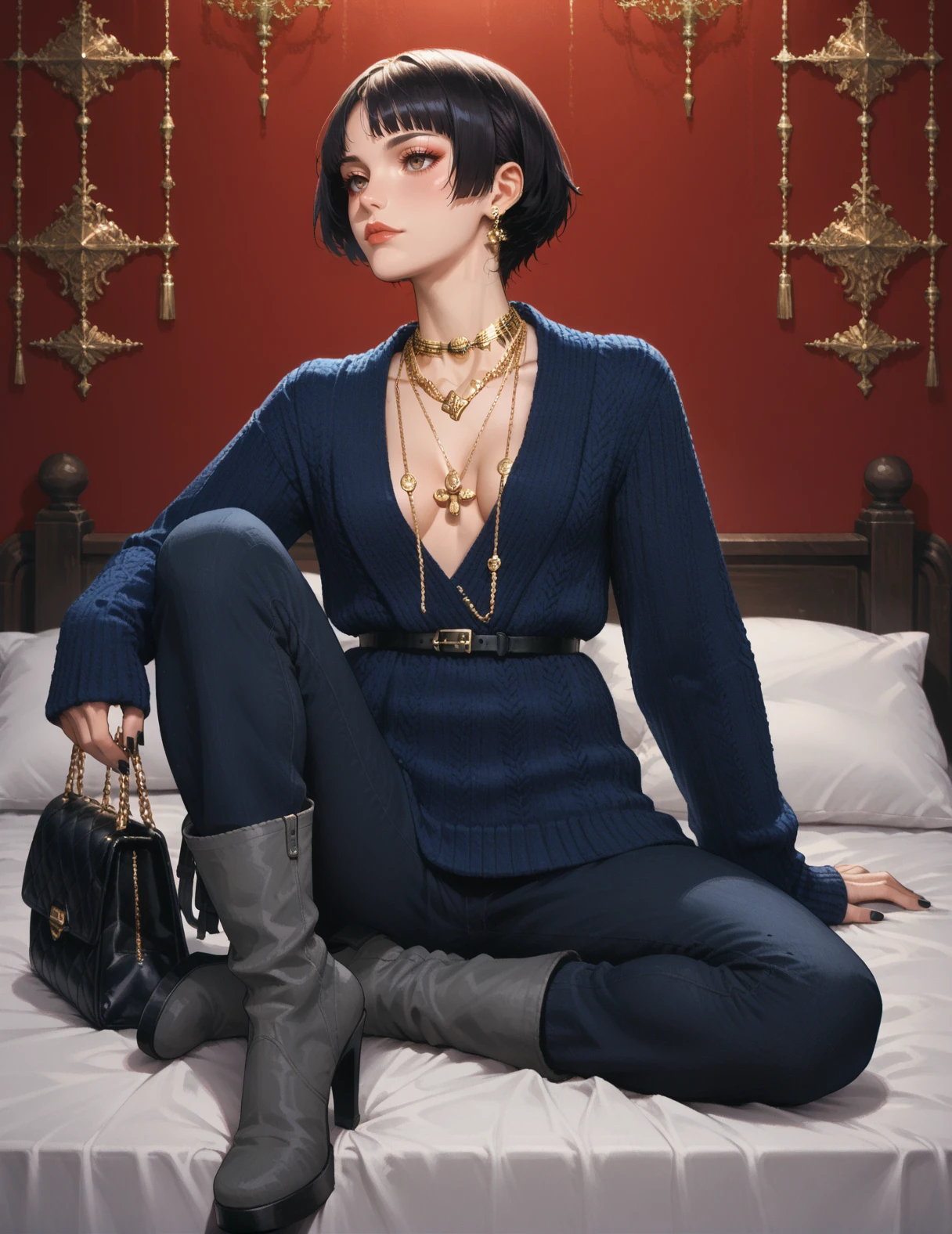 Score_9, Score_8_up,Score_7_up, Score_6_up,Score_5_up, Score_4_up, Source_anime, Rating_safe, Persona_3 style, Shigenori_Soejima_Artwork, 1girl, sit on bed, handbag, bag, black nails, black hair, bobcut, side view, grey footwear, boots, high heels, <lora:Chanel_Blue_Sweater_FW24-25:0.7> knit, blue sweater, gold jewelry, jewelry, cleavage, belt, (pants), necklace, no bra, plunging neckline, long sleeves, full-body,