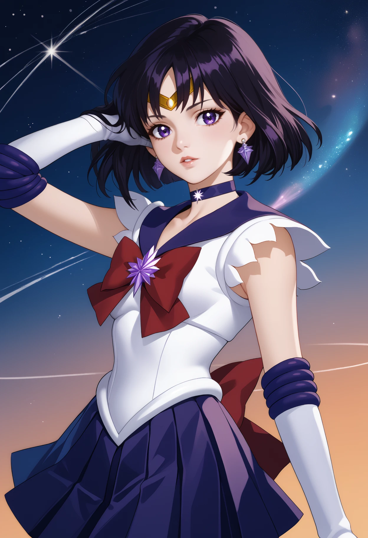 score_9, score_8_up, score_7_up, source_anime, <break> solo, 1girl, sail0rs4turn, parted lips, looking at you, hand in own hair, short hair, black hair, bob cut, circlet, purple eyes, sailor senshi uniform, white shirt, sleeveless shirt, back bow, red bow, purple sailor collar, star brooch, white gloves, elbow gloves, star choker, purple skirt, pleated skirt, earrings, space, star \(sky\)
<segment:yolo-face_yolov8m.pt,0.4,0.5//cid=1>