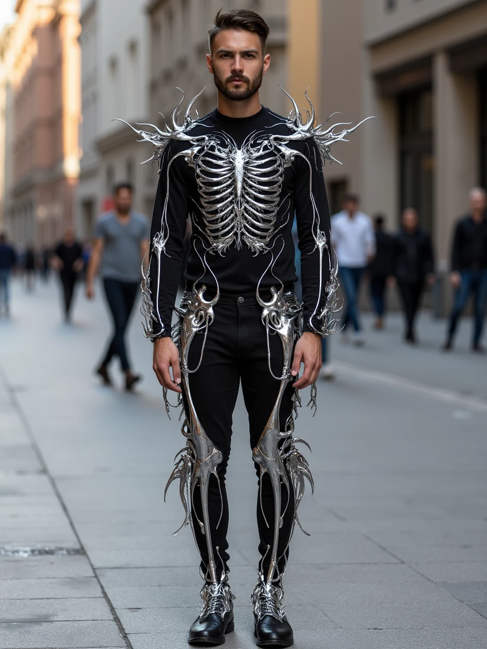 flowsliverexoskeleton,a handsome male standing on street, with futurist clothes,