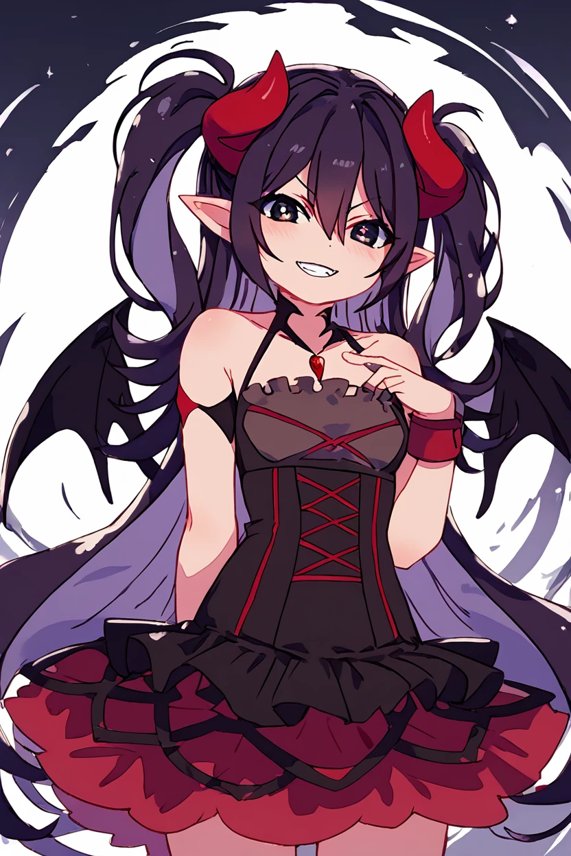 score_9, score_8_up, score_8, medium breasts, (curvy), cute, eyelashes,       BREAK, ,  zzLuceria, black eyes, black hair, long hair, pointy ears, demon girl, demon horns, hair between eyes, two side up, bare shoulders, demon wings, collarbone, dress, v-shaped eyebrows, jewelry, <lora:Luceria_PDXL:0.8>, , BREAK, smile, looking at viewer, cowboy shot, ,,, embedding:zPDXL, Expressiveh, ,,, <lora:Zankuro_Style_PDXL:0.8> <lora:SDXLFaeTastic2400:0.5>, <lora:Expressive_H-000001:0.4>,