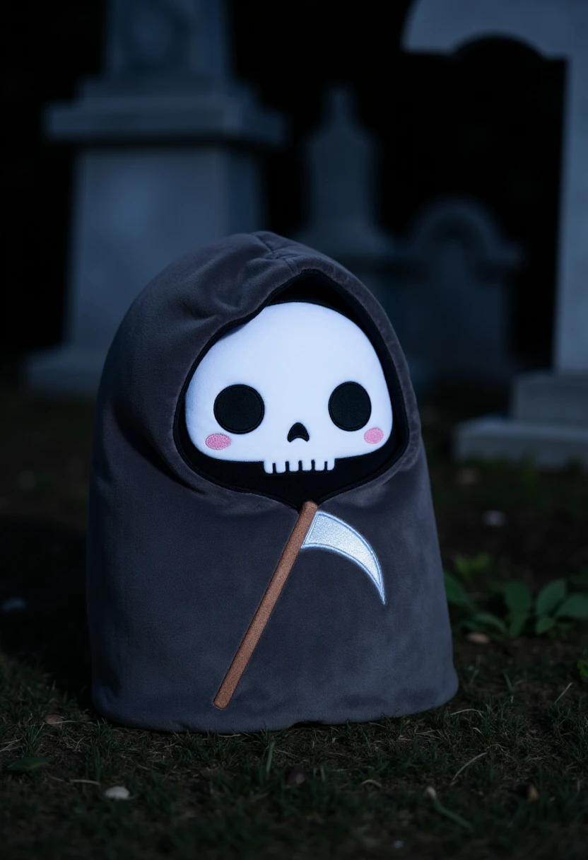 <lora:Squishmallows_FLUX:0.8>
The image is a photograph of a plush toy designed to resemble the grim reaper, in a cemetery at night. The plush toy is primarily a dark gray color, giving it a spooky appearance, but it has a soft, plush texture typical of stuffed animals. The face of the grim reaper is a stylized white skull with large, round black eyes, giving it a whimsical and cute look. The eyes are outlined with pink, and there are small blush marks on the cheeks, adding to the cute, playful design. The grim reaper's body is covered in a hood, which is also dark gray with a fluffy texture. The grim reaper appears to be carrying a scythe.