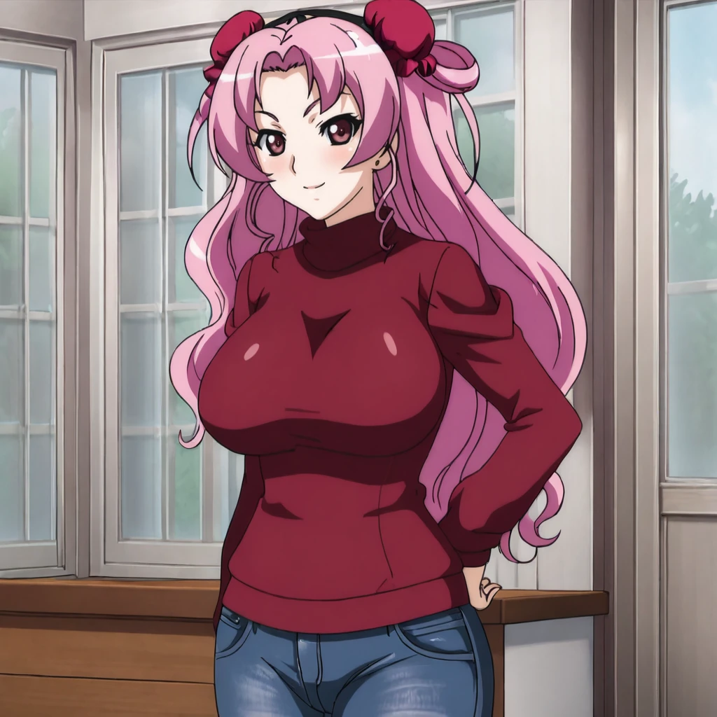 <lora:miyuri_pony_v1:1>Miyuri, 1girl, pink hair, double bun, large breasts, hair bun, pink eyes, cowboy shot, sweater, jeans