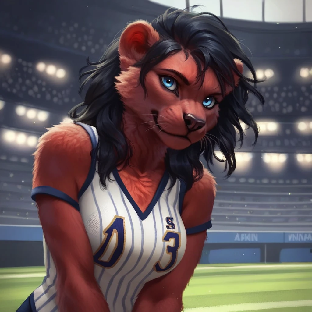 <lora:Fur_and_Light_Style_PonyXL:0.8>, score_9, score_8_up, score_7_up, score_6_up, score_5_up, score_4_up, source_furry, rating_safe, panther, black hair, blue eyes, red body, clothed, clothing, background, at a football stadium, leaning on elbow, female, breasts, rating_safe, detailed fur, detailed background,