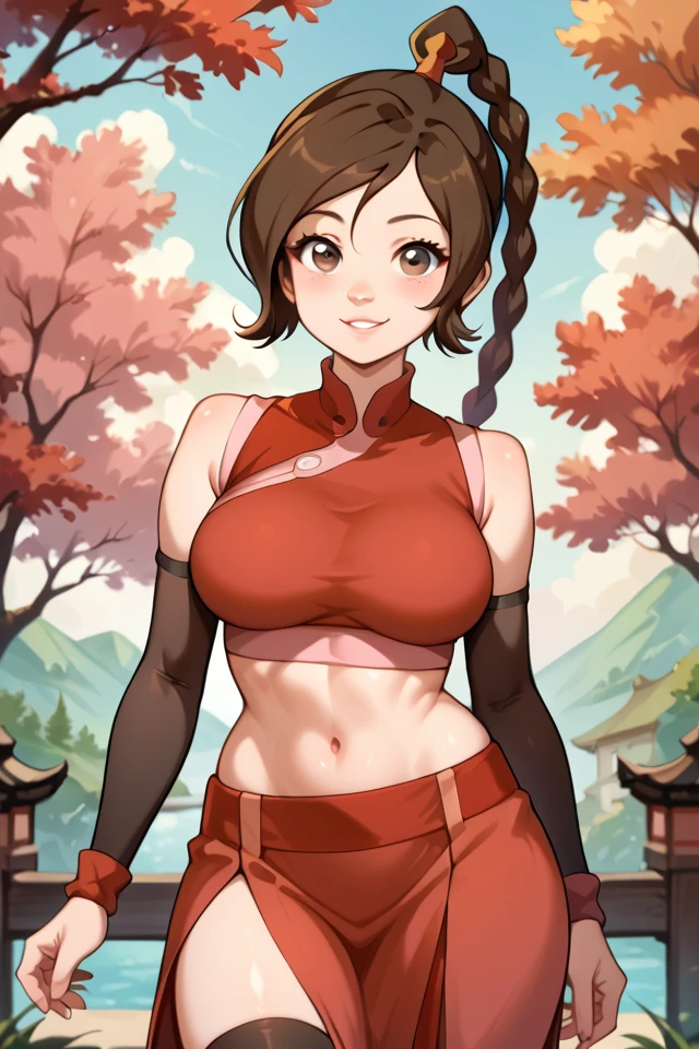 score_9, score_8_up, score_7_up, source_anime, best quality, amazing quality, very aesthetic, absurdres, 1girl, solo, tylee, brown hair, braid, brown eyes, crop top, midriff, navel, upper body, looking at viewer, solo, outdoors background, sexy, seductive smile, erotic female, big breasts, (Ty Lee), (Avatar: The Last Airbender), close up, naughty face, parted lips, <lora:Ty Lee PonyXL-10:0.7>, (extremely detailed), (finely detailed), (detailed face, perfect face, perfect eyes, beautiful detailed shading), (perfect hands), (soft colors), blush, BREAK,multicolored hair, streaked hair, golden hair ornament, black leotard, center opening, fur trim, elbow gloves, thinhighs, body markings, tattooed skin, showgirl skirt,