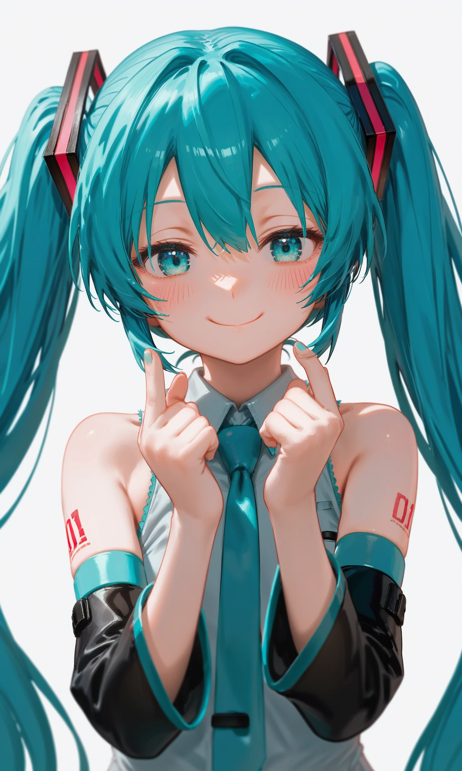 score_9,score_8_up,score_7_up,source_anime,
1girl,solo,hatsune miku,twintails,smile,long hair,necktie,detached sleeves,looking at viewer,blush,blue hair,upper body,blue necktie,hair between eyes,shirt,aqua eyes,bare shoulders,closed mouth,sleeveless,blue eyes,aqua hair,bangs,hands up,tattoo,half-closed eyes,