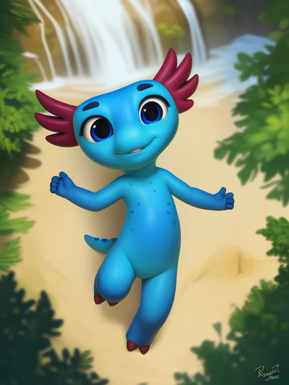 <lora:RuRuAxlYif:1>  RuRuAxl, Axolotl, blue skin, dark blue eyes, two red toes, tail, chibi, small body,
Looks at the viewer, [ solo, nature, forest, day, clouds, waterfall, nude, naced,] ((dancing , high-angle view,))
(beautiful, aesthetic, perfect, delicate, intricate, saturated colors), masterpiece, digital drawing, best quality,
[by personalami], by smitty g, [[[by Foxovh]]], [[by Ross Tran]]