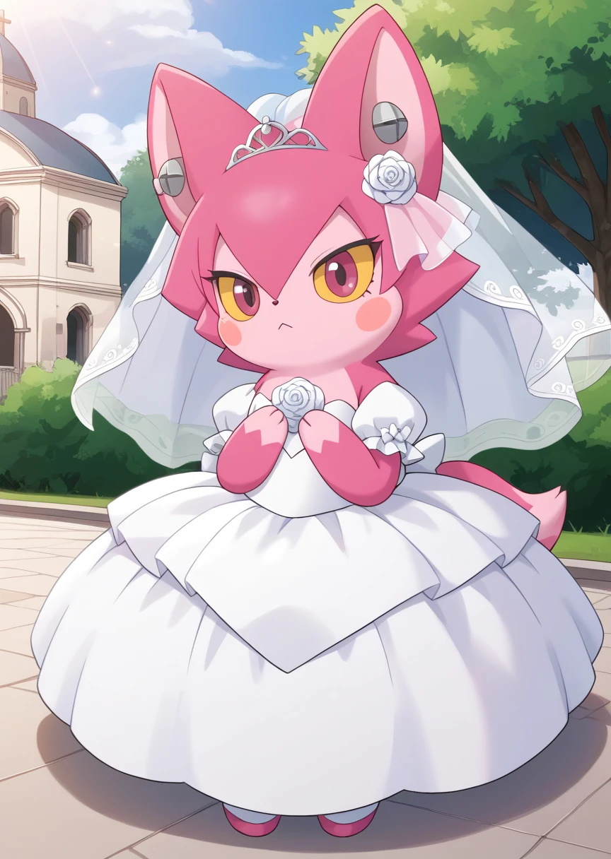 score_9, score_8_up, score_7_up, score_6_up, score_5_up, BREAK
Yurano, anthro, female, no humans, blush stickers, solo, animal ears, 1girl, closed mouth, furry, park, pink fur, colored sclera, yellow sclera, wedding dress, wedding veil, church