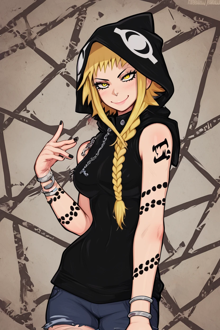 score_9, score_8_up, score_8, medium breasts, (curvy), cute, eyelashes,       BREAK, , zzMedusa, blonde hair, long hair, braid, yellow eyes, tattoo,  hood, jewelry, bracelet, sleeveless, nail polish, hoodie, braid, black nails,  <lora:Medusa_SoulEater_PDXL_v2:1.0>, BREAK, <lora:Afrobull_PDXL_v4:0.8>,  ,,, BREAK, smile, looking at viewer, closed mouth, cowboy shot,  ,,, embedding:zPDXL, Expressiveh, ,,, <lora:SDXLFaeTastic2400:0.5>, <lora:Expressive_H-000001:0.4>,