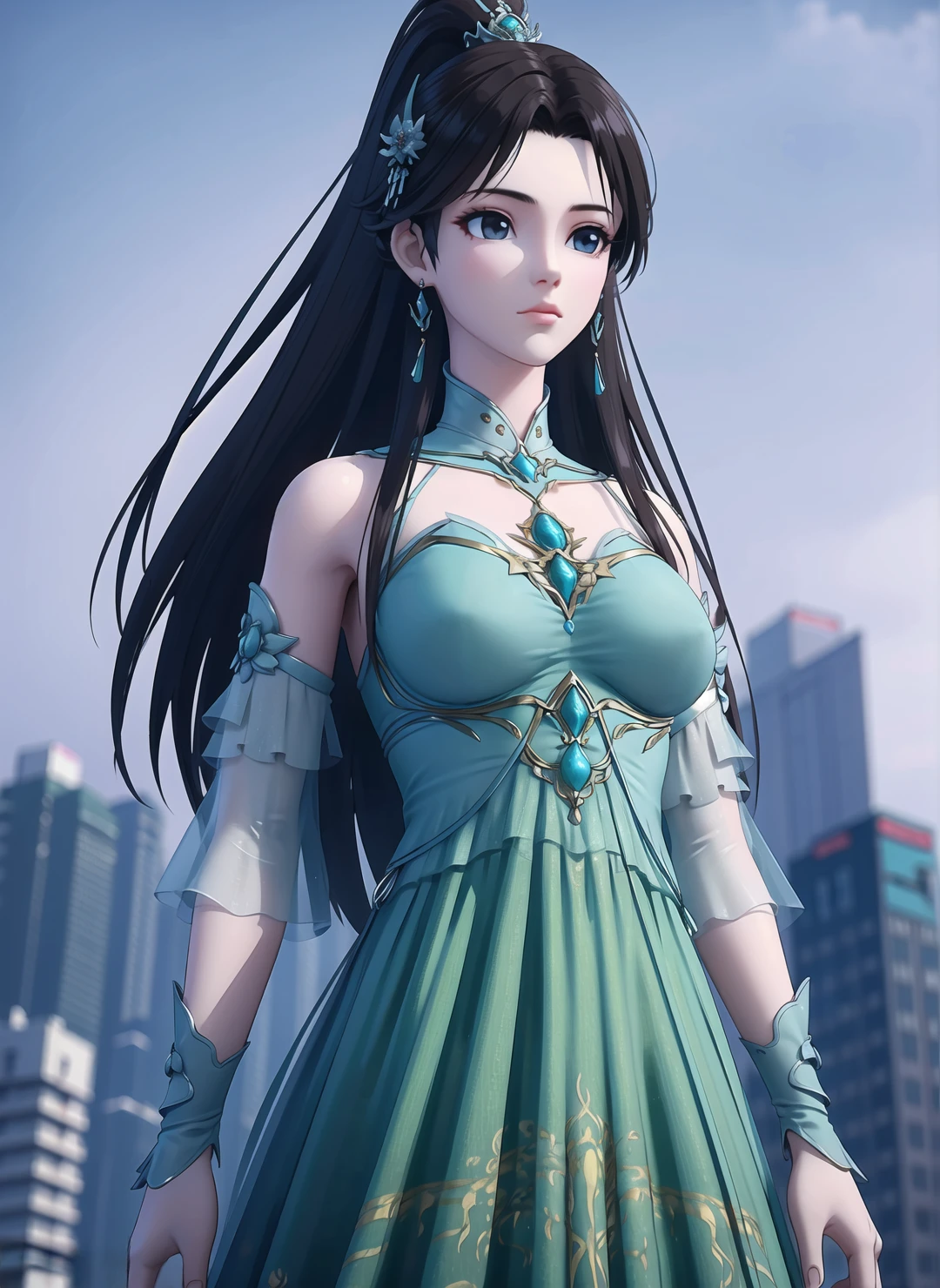 1girl,solo,long hair,ponytail,brown hair,earrings,jewelry,hair ornament,dress,green dress,outdoors,day,cityscape,from_below,blurry,3d,Highly detailed,(ultra-detailed),(best quality,masterpiece:1.5),<lora:xuner:0.6>,