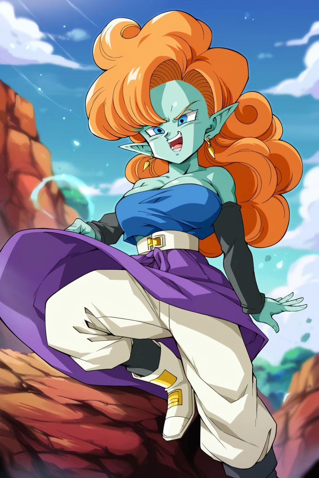 score_9, score_8_up, score_7_up, score_6_up, score_5_up, score_4_up, masterpiece, high quality, BREAK, full body, BREAK, 1girl,   <lora:Zangya:0.8> zangya (dragon ball), orange hair, blue skin,