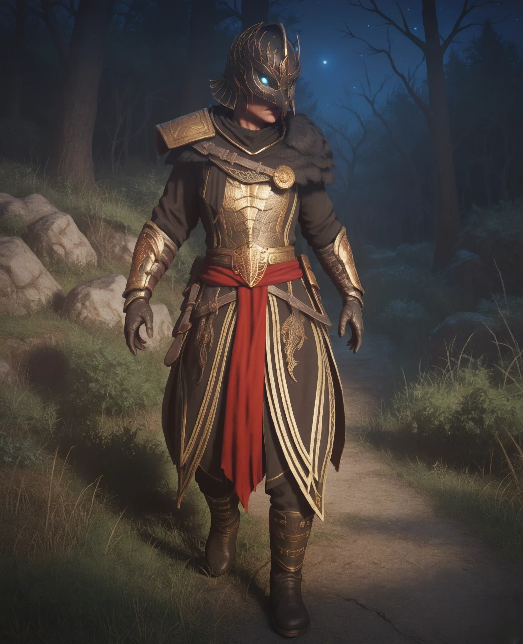 Bl4ckR4ven4rmor, armor, black robe, bracers, boots, red waist curtain, fur shoulder armor, helmet, score_9, score_8_up, score_7_up, score_6_up, score_5_up, outdoors, glowing eyes, solo, (night:1.5 ),

(((walking through a forest))), 