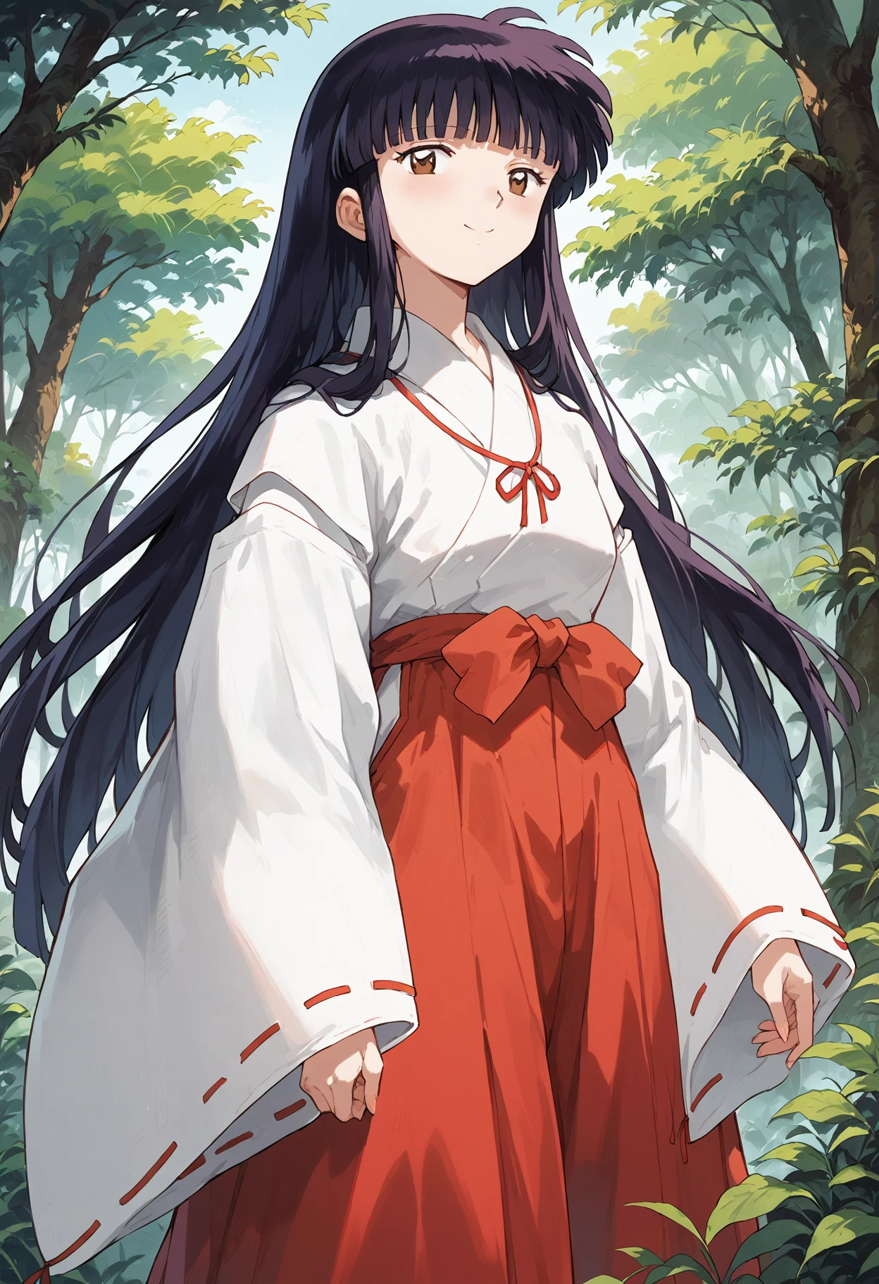 score_9, score_8_up, score_7_up, , score_ANIME, kikyoinu, 1girl, japanese clothes, miko, solo, black hair, brown eyes,, hime cut, wide sleeves, looking at viewer, red hakama, long sleeves, standing, blunt bangs, closed mouth, very long hair  <lora:kikyo_inuyasha_pony:1>  smile,   forest,