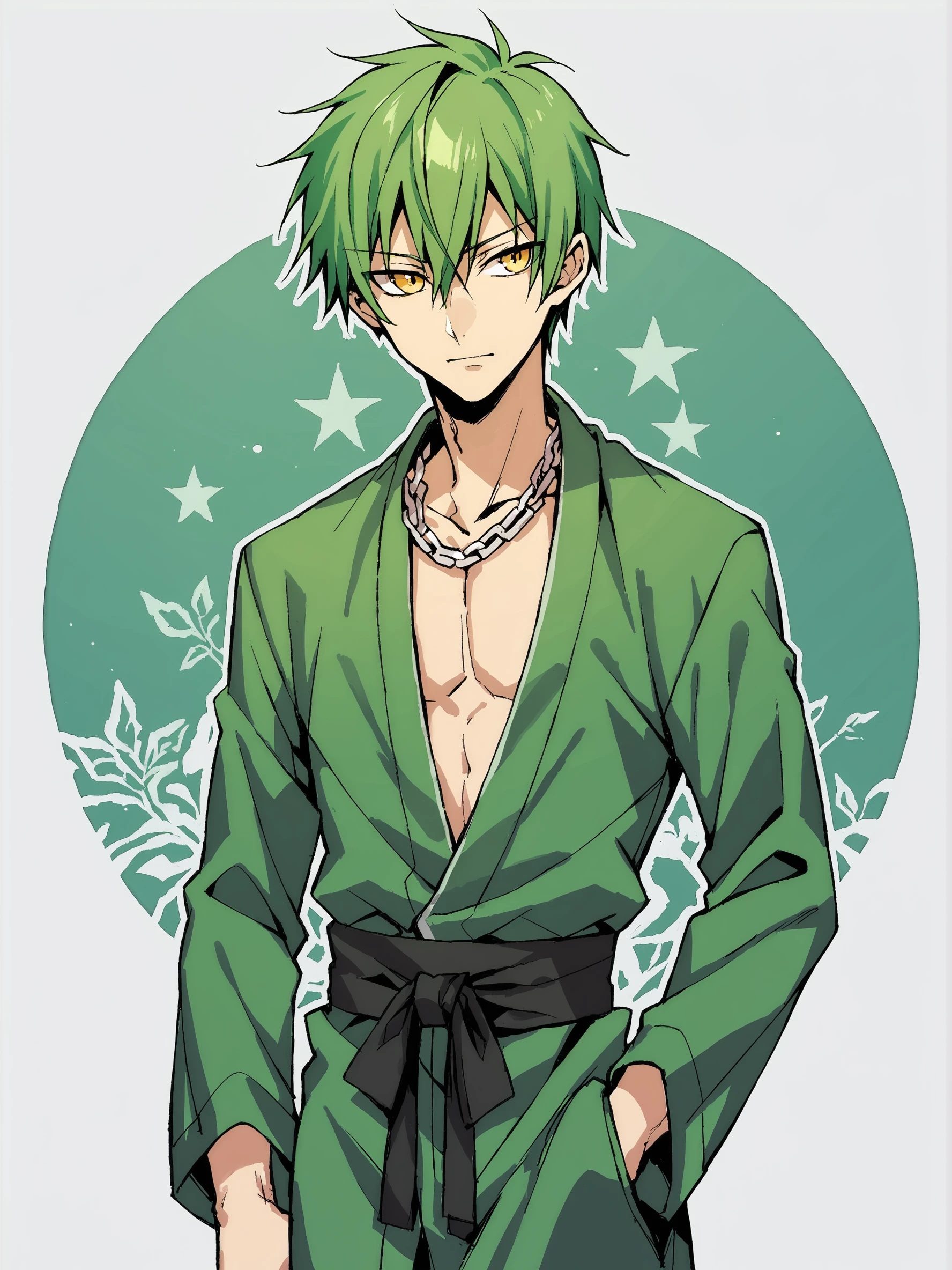 score_9, score_8up, score_7up, score_6up, score_5up, score_4up, abstract background, source_cartoon, rating_safe, BREAK
solo, young male, 1boy, blazhazama, green hair, green yukata, yellow eyes, chains, BREAK
<lora:Hazama_-_Blazblue_-_PDXL:0.8>