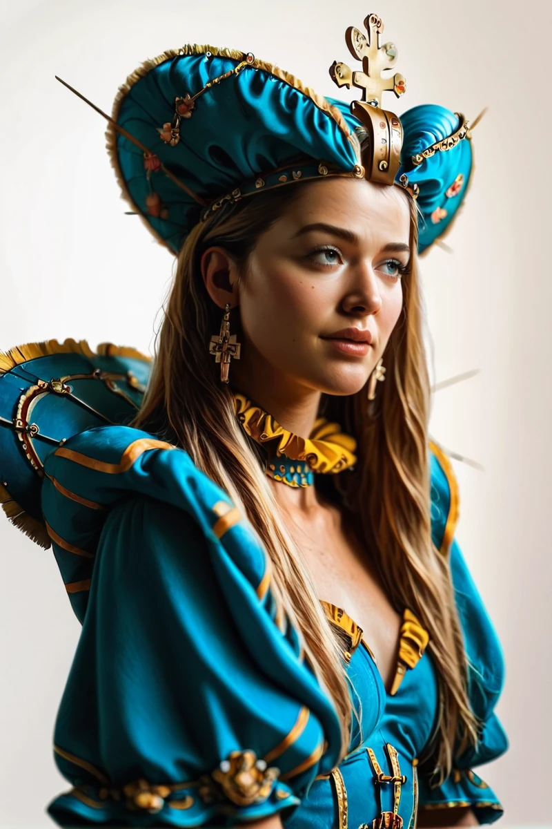 hires digital photo, photorealism, simple white background, from side, face focus, 3m@nn3u3lle, looking to side, looking away, purple and blue strapless dress, blue and gold detached puffy sleeves, crown,  yellow ruff collar,  <lora:EmmanuelleVonLiebwitzV3PonyXL:0.8>, PonyXL_Scores, intricate details, high resolution,