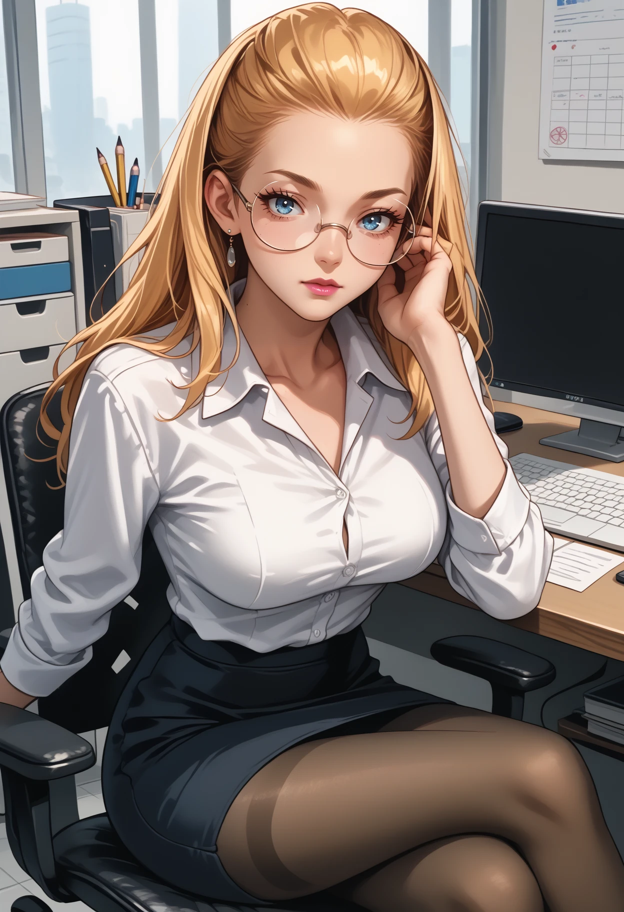 score_9, score_8_up, score_7_up, source_anime, 1girl, sitting, looking at viewer, <lora:SilviaVJ-pdxl:1> silvia, blonde hair, long hair, glasses, round eyewear, blue eyes, lipstick, pink lips, large breasts, dress shirt, collared shirt, long sleeves, pencil skirt, pantyhose, office, chair, desk, computer