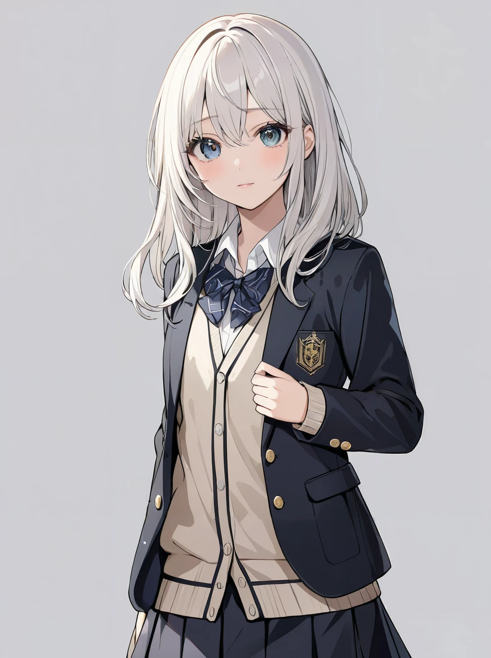 masterpiece,ultra-detailed,best quality,8K,illustration,cute face,clean skin ,shiny hair,girl,ultra-detailed-eyes,simple background, <lora:add-detail-xl:1> <lora:school uniform cardigan_XL_V1.0:0.8> school uniform, blazer, cardigan, skirt
