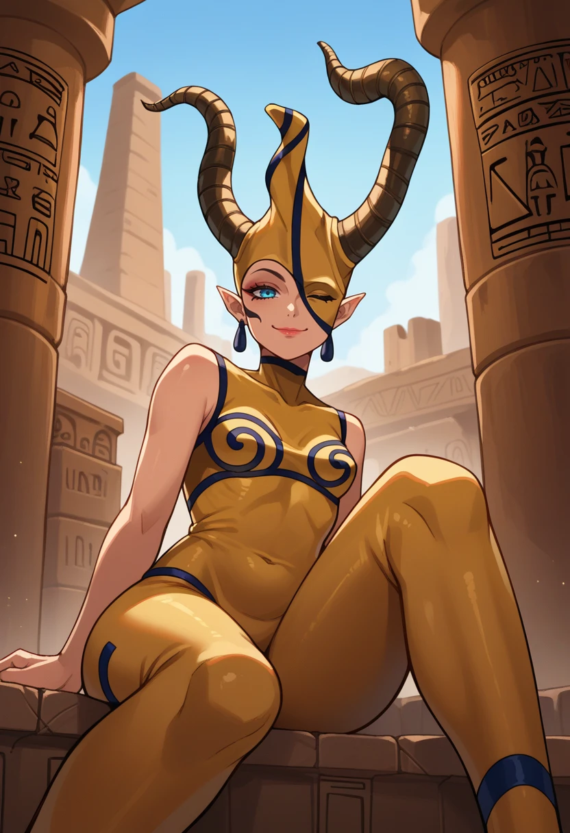 score_9, score_8_up, score_7_up, source_anime BREAK 1girl, solo, egyptian architecture, desert, cowboy shot, looking at viewer, smile, sitting, from below, confidant woman, assertive woman, smug
 <lora:zs_AnatXL:1> anatsmt, blue eyes, pointy ears, horns, yellow helmet, lipstick, yellow bodysuit, sleeveless, one eye closed