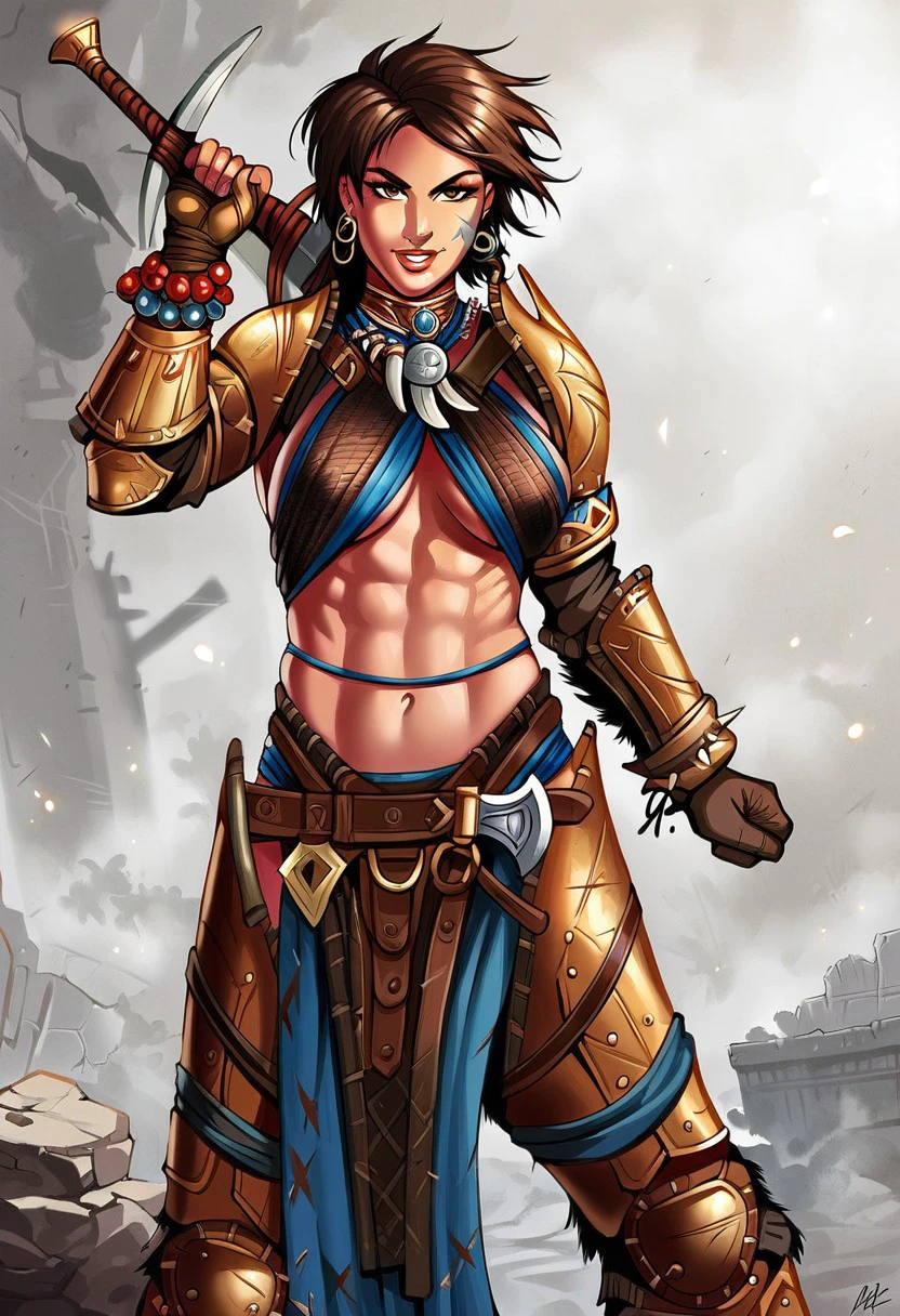 AmiriPathfinder,1girl,solo,armor,sword,brown hair,jewelry,midriff,navel,abs,earrings,shoulder armor,scars,pauldrons,large breast,muscular female,tattoos,underboob,belt,brown eyes,necklace,boots,gloves,short hair,lips,facial tattoo,beads,bracelets,greaves,pelvic curtain,legs armor,bracer,leather bracers,leather armlet,leather armor,sheath,,seductive pose,ruins,sexual pose,holding large sword,
score_9, score_8_up, score_7_up, beautiful aesthetic, very intricate, high quality details,vibrant, highly detailed, award-winning, professional,anime artwork, anime style, studio anime, athletic, toned female,muscular milf,curvy body, athletic girl,fit girl, perky tits,huge breast,perfect tits, round breasts, nipple outline,looking at viewer, pinup pose,teasing, dynamic lighting, cinematic, smug, better than you, aura of temptation, highly detailed, high resolution, masterpiece, detailed clother, detailed background, highly detailed, ((sound effects)) comic layout,