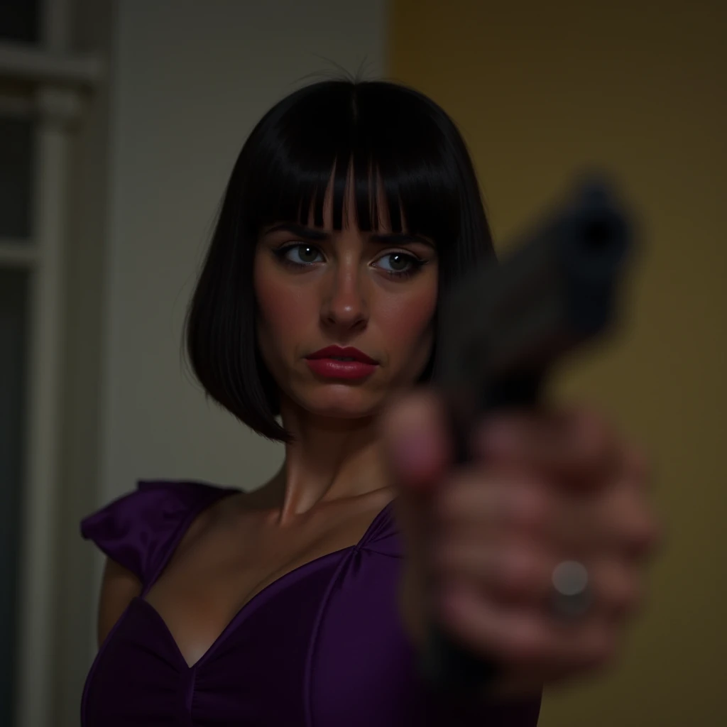 cinematic film still of  <lora:marie_tyf v1:0.5> realism:1, hyperrealism:1, bob cut hair style
marie_tyf a angry woman in a purple dress holding a gun up with perfect hand, shallow depth of field, vignette, highly detailed, high budget, bokeh, cinemascope, moody, epic, gorgeous, film grain, grainy