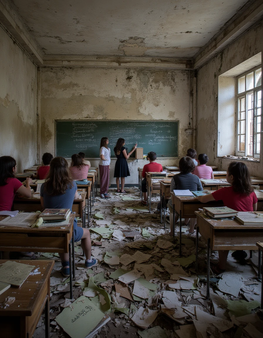 A classroom with students seated at desks, a teacher standing at the front writing on a chalkboard, and books scattered., <lora:urban_decay_v10_rank64_bf16-step02016:1>, urban_decay_rooms