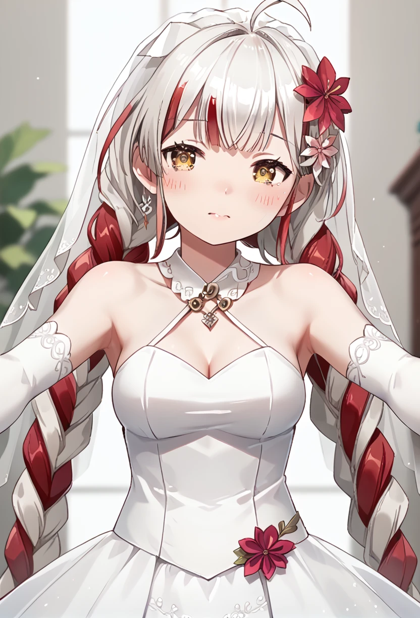 score_9,score_8_up,score_7_up,1girl,8k,detailed_face,
(((kabedon on viewer))),<lora:Xuanxiaozhi3:0.6>,xuanxiaozhi,long hair,twin braids,braid,ahoge,breasts,hair flower,hair ornament,yellow eyes,white hair,red hair,virtual youtuber,
<lora:kabedon_pony_2:0.8>,blurry,upper_body,solo_focus,macro_shot,((wedding dress)),(bridal_veil),((white bridal_gauntlets)),<lora:wedding dress_pony_V1.1:1>,outstretched_arms,reaching_out,wallpaper,incredibly absurdres,blush,shy,