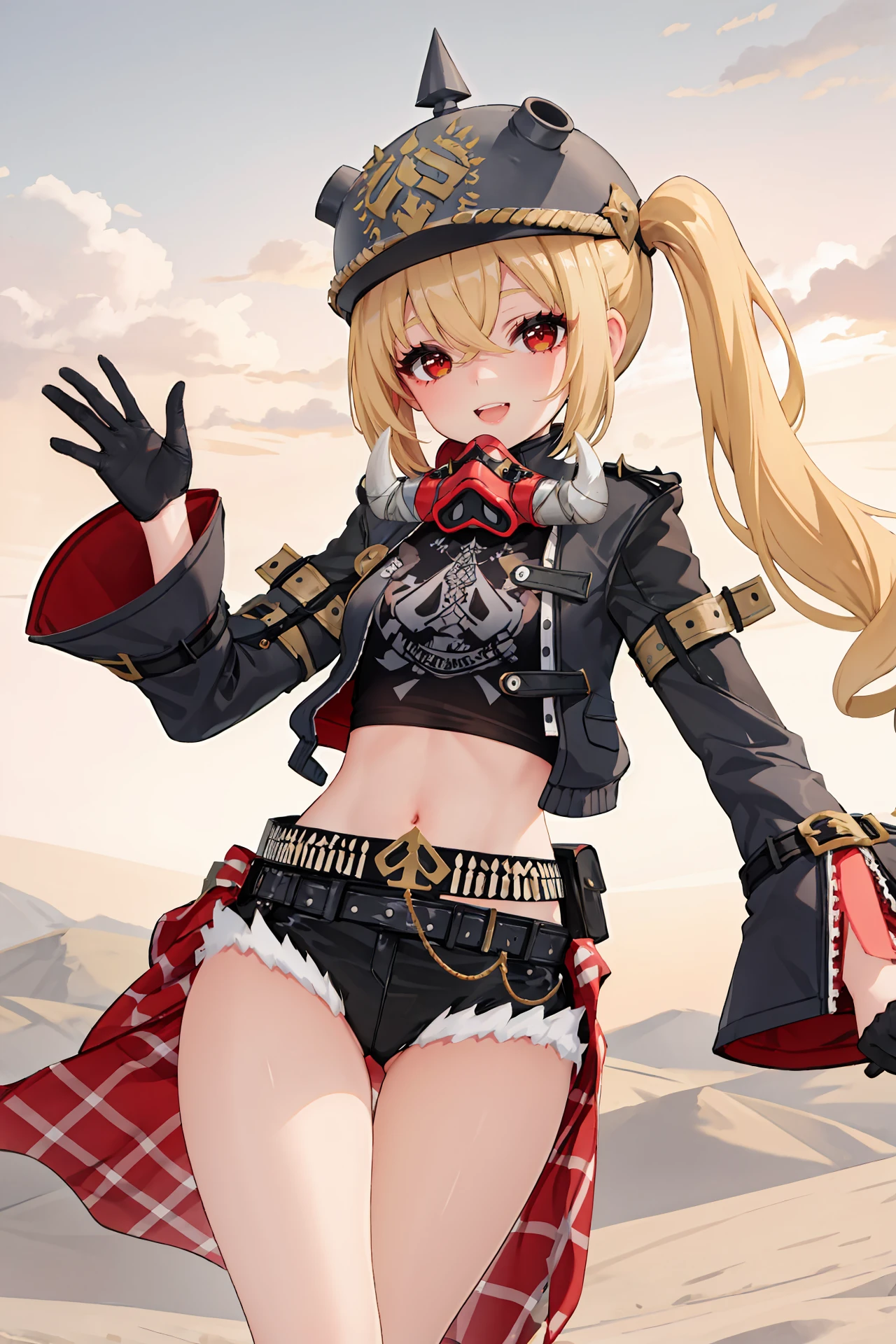 1girl, luciana de montefio, side ponytail, black helmet, cutoffs, half gloves, high belt, cropped jacket, mask around neck, black camisole, sarong, looking at viewer, smiling, open mouth, desert, outdoors, depth of field, standing on one leg, waving, cowboy shot