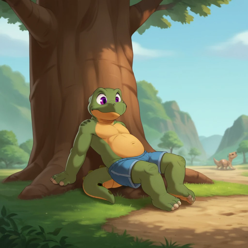 score_9, score_8_up, score_7_up, score_6_up, score_5_up, score_4_up, source_furry, Spikelbt, young anthro, cub, Stegosaurus, male, green skin, scalie, dinosaur, purple eyes, sitting, under a tree, leaning back, knees apart, relaxing, <lora:70f70b50-653d-427e-bfa3-382971545870:0.7>